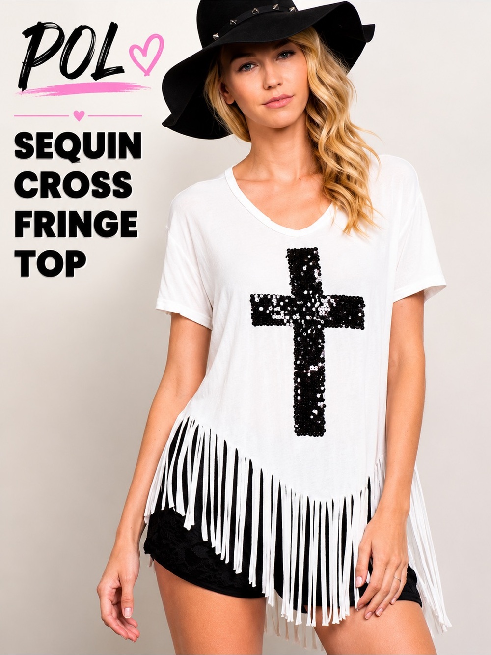 POL Sequin Cross Fringe Black and White Top NEW